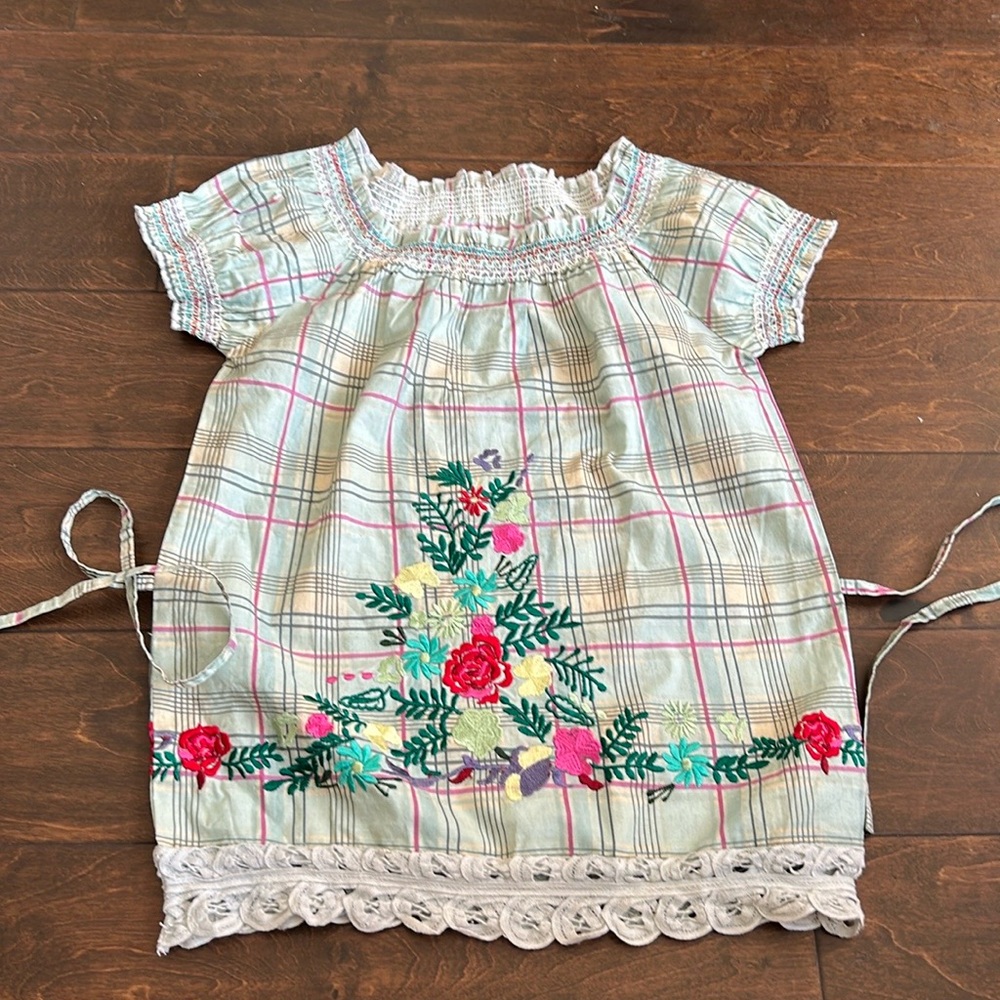 Cute Womens Blouse Off Shoulder Embroidered Plaid Floral Sz XS Belted ST3225